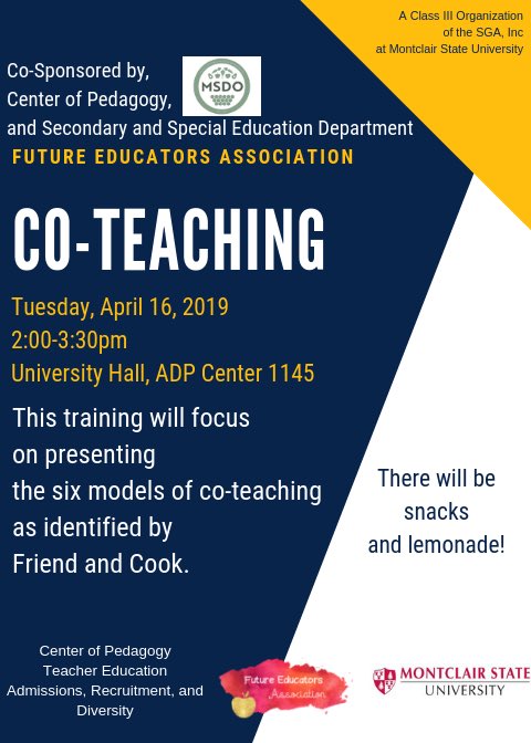 TODAY @ 2:00pm ADP 1145
NJCIE will share the 6 models of co-teaching! A collaborative execution of classroom management, lesson planning, etc. is something that is important for our future. Without the proper skills to work collaboratively, the needs of the students will suffer.