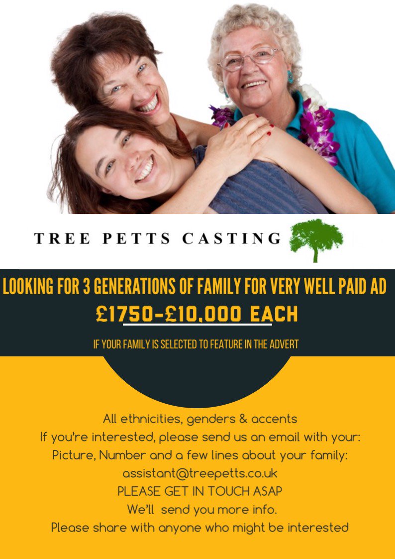 LOOKING FOR 3 GENERATIONS OF FAMILY FOR WELL PAID AD. 
£1750-£10,000 EACH, if selected to feature in the advert.
To apply, please send us us an email with your: Picture, Number and a few lines about your family: assistant@treepetts.co.uk
All ethnicities, genders &amp; accents