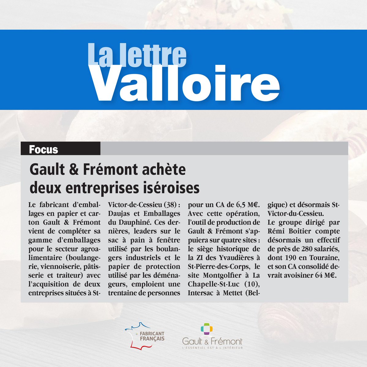 FremontGault's tweet photo. 👉🇫🇷Merci à La Lettre Valloire pour ce focus sur notre rachat des entreprises Daujas &amp; Emballages du Dauphiné.
#gaultetfremont #snackingdor #gammeengagée #InSnackingWeTrust #francesnacking #rse #madeinfrance #fabricantfrançais #packaging #emballage #packaging #design #branding https://t.co/2vZ5CD2J2U