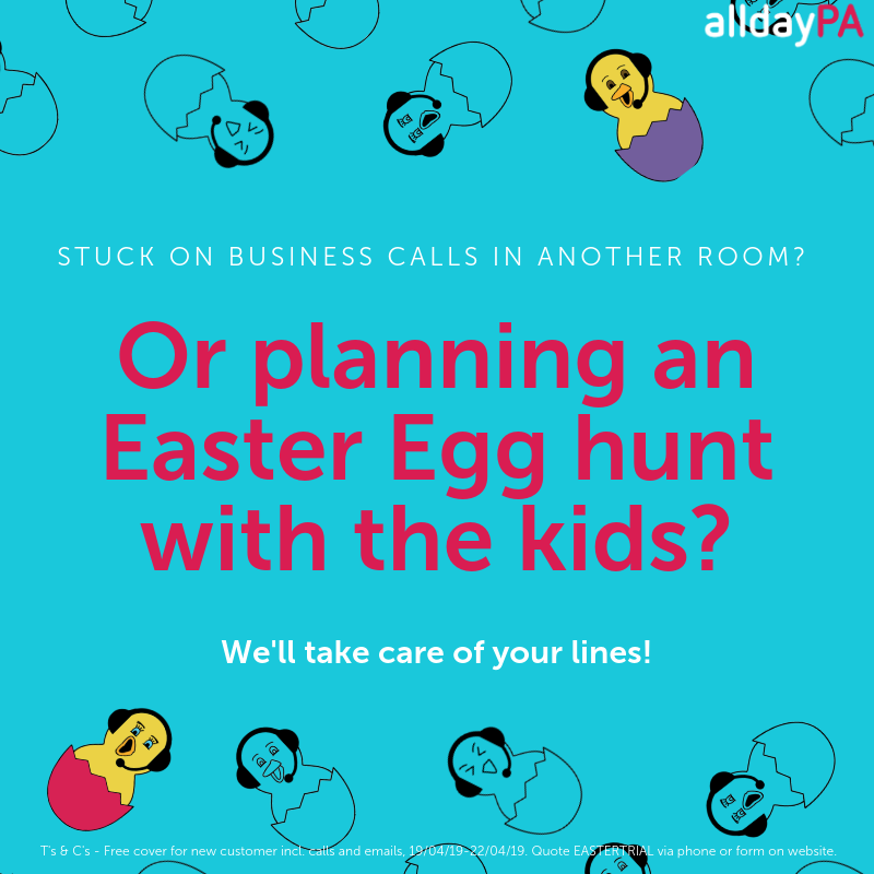 alldayPA_'s tweet photo. Stuck on a business calls in another room?
Or planning an Easter Egg hunt with the kids?
Have the best of both - family and business!
Give us a call (0161 909 6900) and quote EASTERTRIAL to set up your FREE trial TODAY!
https://t.co/V6d4Jw1Qoc
#Bizhour #EXCS #CS #outsourcing https://t.co/Xt3YfbPeX0