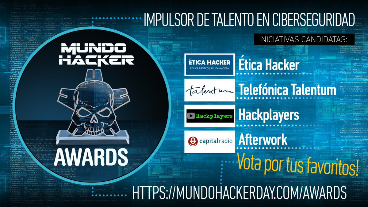 mundohackertv's tweet photo. Quedan pocos días para votar por tus favoritos en los premios #MundoHackerAwards ¡Buscamos a la organización, plataforma, o persona que realiza una contribución diferencial para el impulso del #talento, las vocaciones y la trayectoria profesional en tecnología y #ciberseguridad! https://t.co/bLezimcMwO