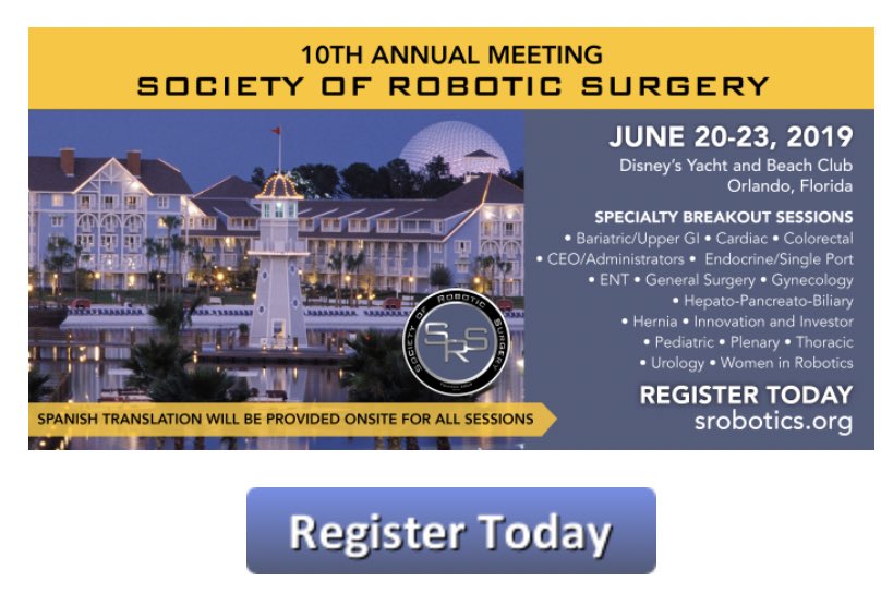 socroboticsurg's tweet photo. Check out the Society of Robotic Surgery 2019 Annual Meeting’s action packed program! It will be the most comprehensive robotic symposium ever held! Register today! @socroboticsurg https://t.co/w1cdOsldg9 https://t.co/PM69OSclz3
