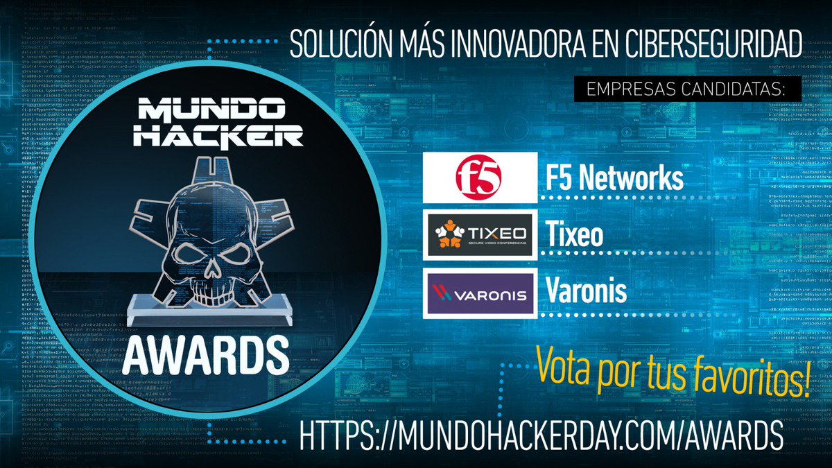 mundohackertv's tweet photo. ¿Cuál ha sido la solución más disruptiva del mercado dela #ciberseguridad en los últimos meses? @F5NetworksSpain @varonis y @TixeoES creen ser merecedores del galardón que damos en #MundoHackerAwards . ¿Y tú qué opinas? Vota en https://t.co/LPetT6yeLD https://t.co/lQduGOyU3V
