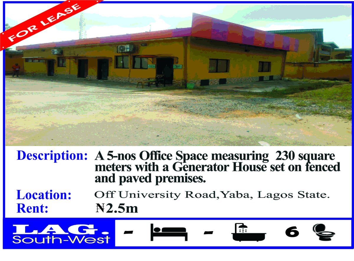 Una_Associates's tweet photo. FOR LEASE
A 5-nos Office Space measuring  230 square 
meters with a Generator House set on fenced
and paved premises.
Location: Off University Road,Yaba, Lagos State.
Price: N2.5m

For viewing, kindly call: 08024926700, 08162062457, 08054464336, 08181759842 https://t.co/hDBI1vigqK
