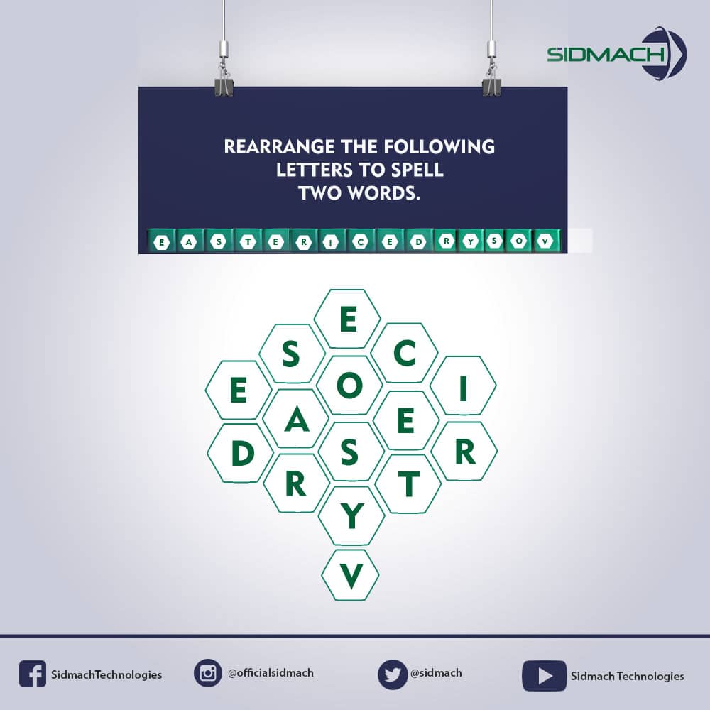 sidmach's tweet photo. Rearrange the following letters "EASTERICEDRSOYV" to spell TWO words?
Hint: It Has Something to do with Data.
Let's see how smart you are 👇
#tuesdaytrivia #wordscramble
#TuesdayTrivia #Quiz #TriviaoftheWeek #Giveaway #Trivia #QuestionoftheDay https://t.co/kDf5mR4YlK