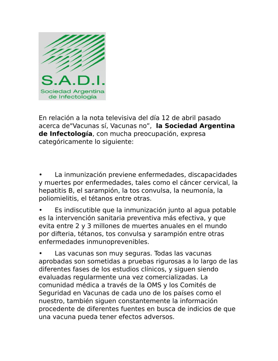 SADI_arg's tweet photo. Documento de la Sociedad Argentina de Infectología sobre el debate "Vacunas sí, vacunas no" emitido por televisión el 12 de abril pasado. Se ruega difusión. https://t.co/7kLXDM6YAO