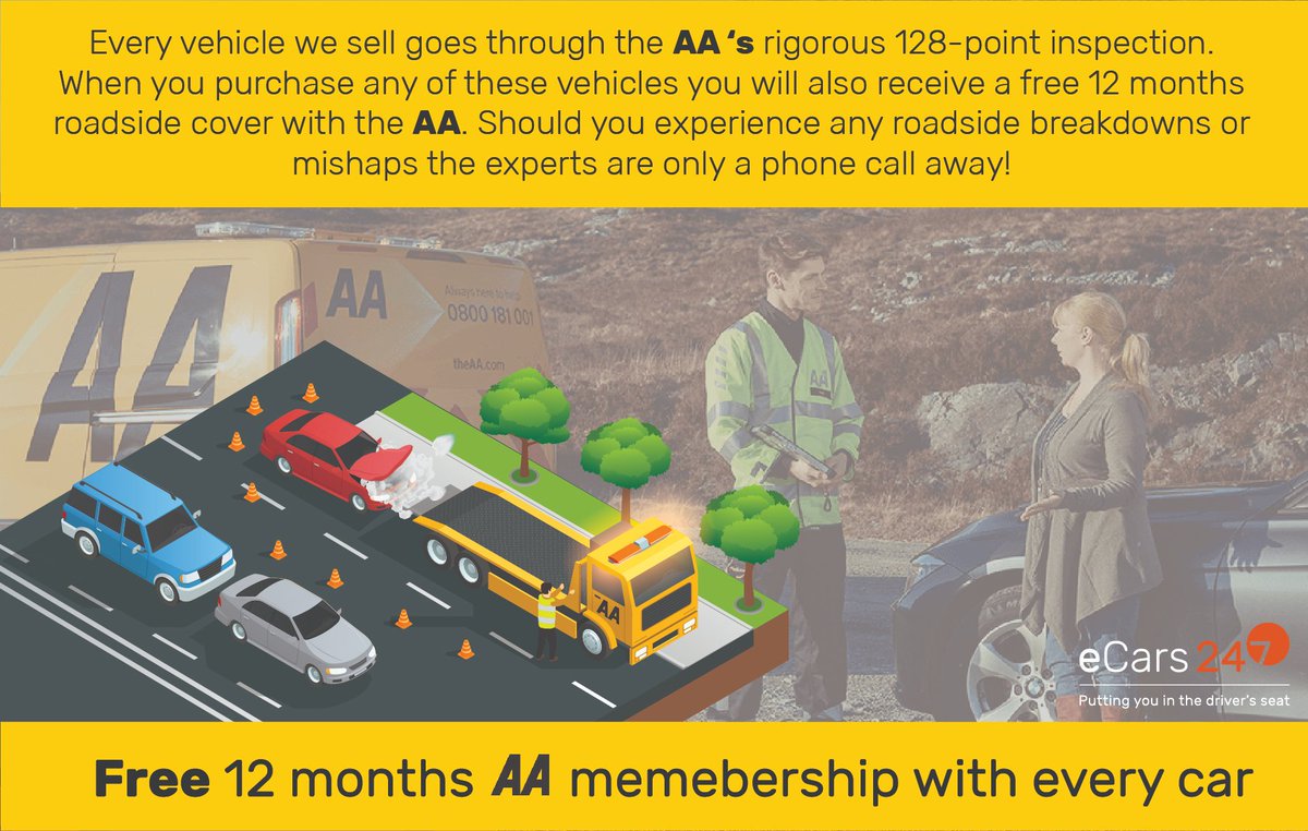 eCars247's tweet photo. When looking at eCars247, you can have confidence that all of our vehicles are AA inspected but mechanical breakdowns are part of motoring life and we want you to be prepared if anything ever happens. That's why with every vehicle we sell, we offer 12 months free AA membership! https://t.co/Cy3c96xUtf