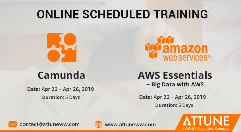 attuneww's tweet photo. ATTUNE Scheduled Online Training : https://t.co/IDg4ONuXYB

Public Scheduled Online Training on emerging technologies like Camunda , AWS Essentials.

#AWSessentials #AWStraining #camunda  #technology #online #training https://t.co/1JqovxtS7v