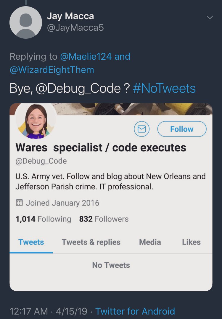 SocialCivility's tweet image. How bizarre. Something is off here. I thought #debugcode was suspended yesterday or day b4 but it appears that I was wrong. As of this morning, I am blocked by #debugcode twitter account. I know the account had many tweets, so the ss below abt “no tweets” is incorrect. 1/