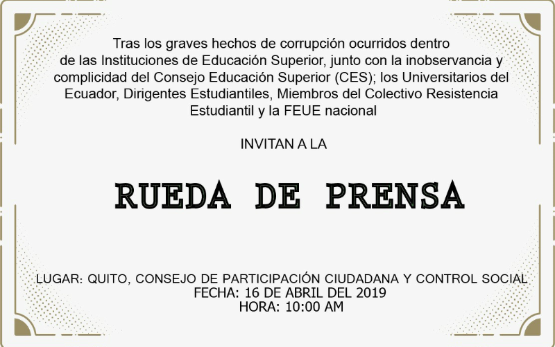 REstudiantil's tweet photo. #FelizMartes 

Este 16 de abril iniciamos la lucha por una Universidad más justa, donde seamos libres de pensar y actuar. Rueda de prensa a las 10:00, a las afueras del @CPCCS, donde solicitaremos intervencion y demostraremos lo que está sucediendo en la Educacion Superior. https://t.co/6yhUlCZ0yc