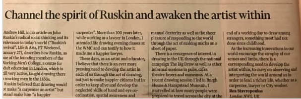KateJMason's tweet photo. It was lovely to meet Rea Stavropoulos -artist, writer &amp; curator at beautiful @TwoTemplePlace Sat at #TheBigDraw #DrawnToLife event inspired by #Ruskin200 &amp; #PowerofSeeing exhibition

Rea's recent letter on #Ruskin &amp; #drawing in the FT and how

 'Drawing made me a happier lawyer' https://t.co/SghabkLSjh