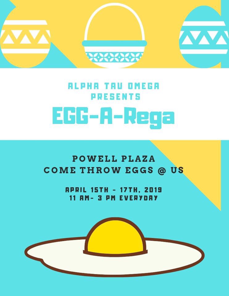 RISE AND SHINE

Today is the second day of Egg-A-Rega and we are looking to do better today than yesterday. We will be in Powell Plaza again today from 11-3 and eggs are still only $1. We will be featuring guests in the cage today from <a href="/eku_alphagam/">alpha gamma delta</a> <a href="/Theta_EKU/">ΚAΘ - EKU</a> <a href="/EKU_ChiOmega/">EKU CHI OMEGA</a>