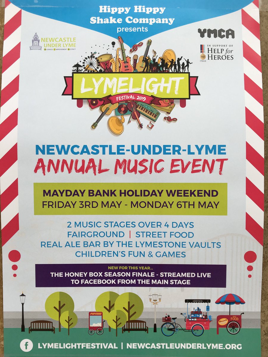 RoebuckShopCent's tweet photo. Lymelight Festival!! 
Mayday Bank Holiday weekend!!
Friday 3rd May- Monday 6th May 2019
Newcastle under Lyme's Annual Music Festival!
Great fun for all the family! #NUL #Lymelightfestival #Livemusic #freeevent #bankholidaysarethebest #realale #streetfood #funfair https://t.co/wnU8mgacts
