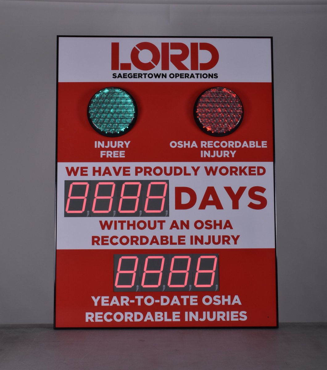 CousignLLC's tweet photo. Check out how Lord Corporation is tracking days without an OSHA recordable injury.

@LORDCorporation #technology #manufacturing #adhesives #coating #motionmanagement #sensing #safety #osha #signage https://t.co/pkBWmLUFDY