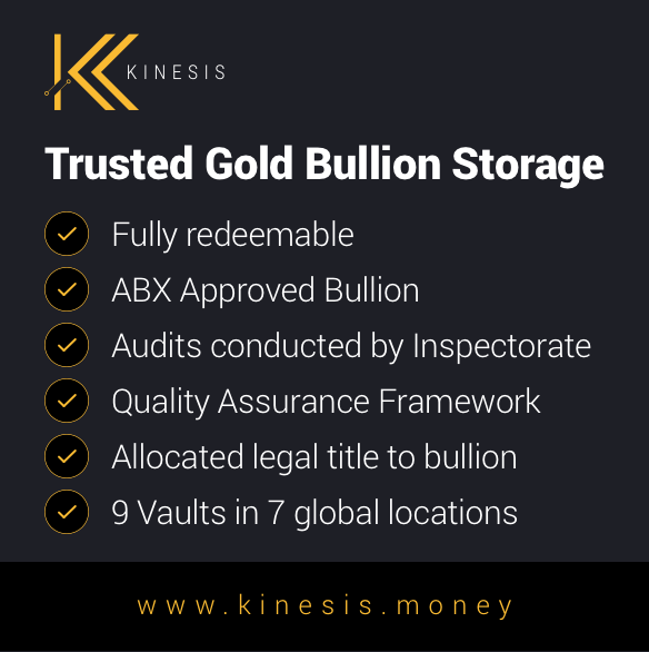 KinesisMonetary's tweet photo. Kinesis provides an extensive network of vaulting infrastructure, enabled through a strategic partnership with precious metals experts ABX, allowing you to store your physical gold and silver bullion with ZERO STORAGE FEES. 
https://t.co/NMNTbX37Cc …

#kinesismoney https://t.co/z7qu1Ow3y6