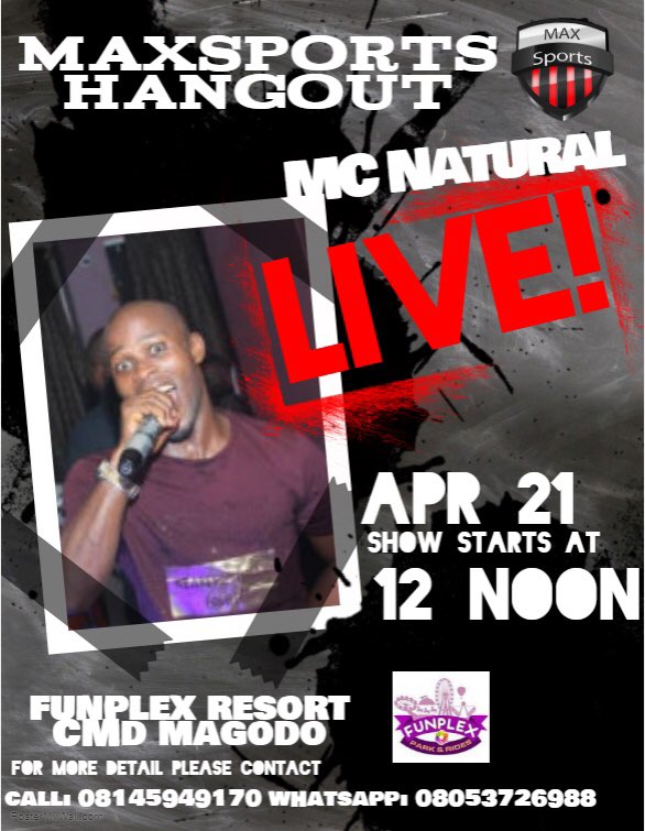 seunadewale03's tweet photo. #Maxsportshangout will be hosting us all and MC Natural will be there

Easter Sunday 21 April is the date 

12 noon

 @Funplexng CMD Magodo is the venue. 

Gate fee: Free

You can’t afford to miss it https://t.co/mEaeomUqwG