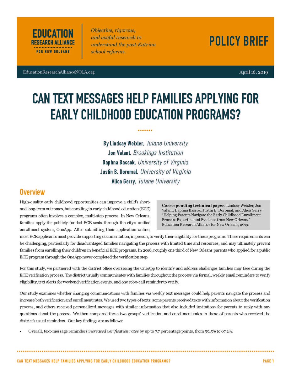 ERA_NOLA's tweet photo. New Report: "Can Text Messages Help Families Applying for Early Childhood Education Programs?" https://t.co/o9UrWsAfj0 #NOLAed #LAed #edreform https://t.co/xtcWmHOJOY