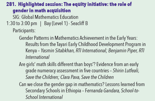 benlpiper's tweet photo. Girls, Math and ECD - what works? Do girls gain more in Math in Kenya's Tayari longitudinal study? What are teachers' view of ECD girls' math skills?  130 PM Bay Level 1 Seacliff B. Presenting with Dr. Yasmin alongside Ethiopia and multi-country Save study. #CIES2019 @RTI_EdWork https://t.co/JxLCqHDv9B