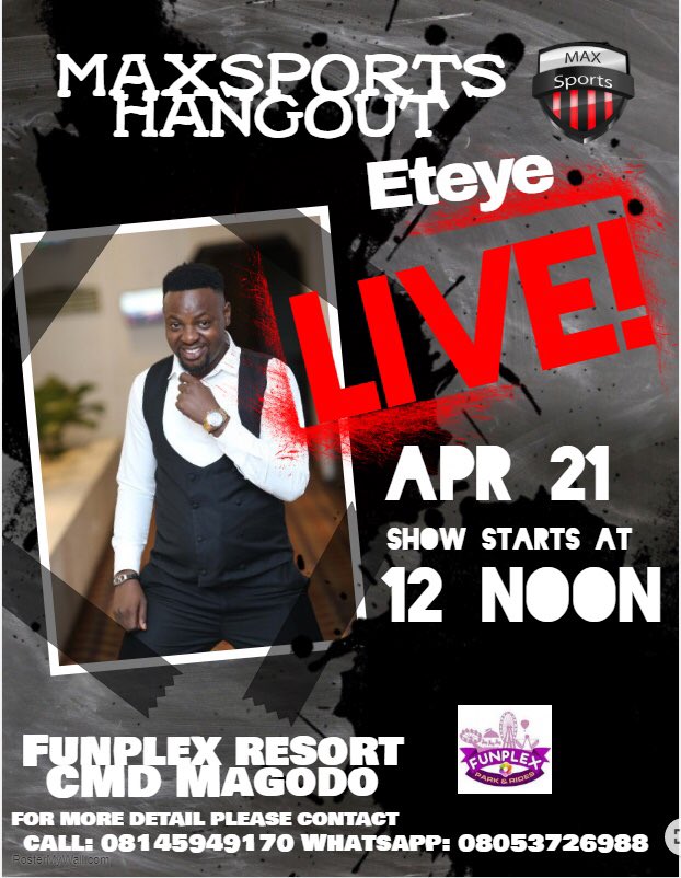 seunadewale03's tweet photo. #Maxsportshangout will be hosting us all and Eteye will be there

Easter Sunday 21 April is the date 

12 noon

 @Funplexng CMD Magodo is the venue. 

Gate fee: Free

You can’t afford to miss it https://t.co/SyhHPi0YAy