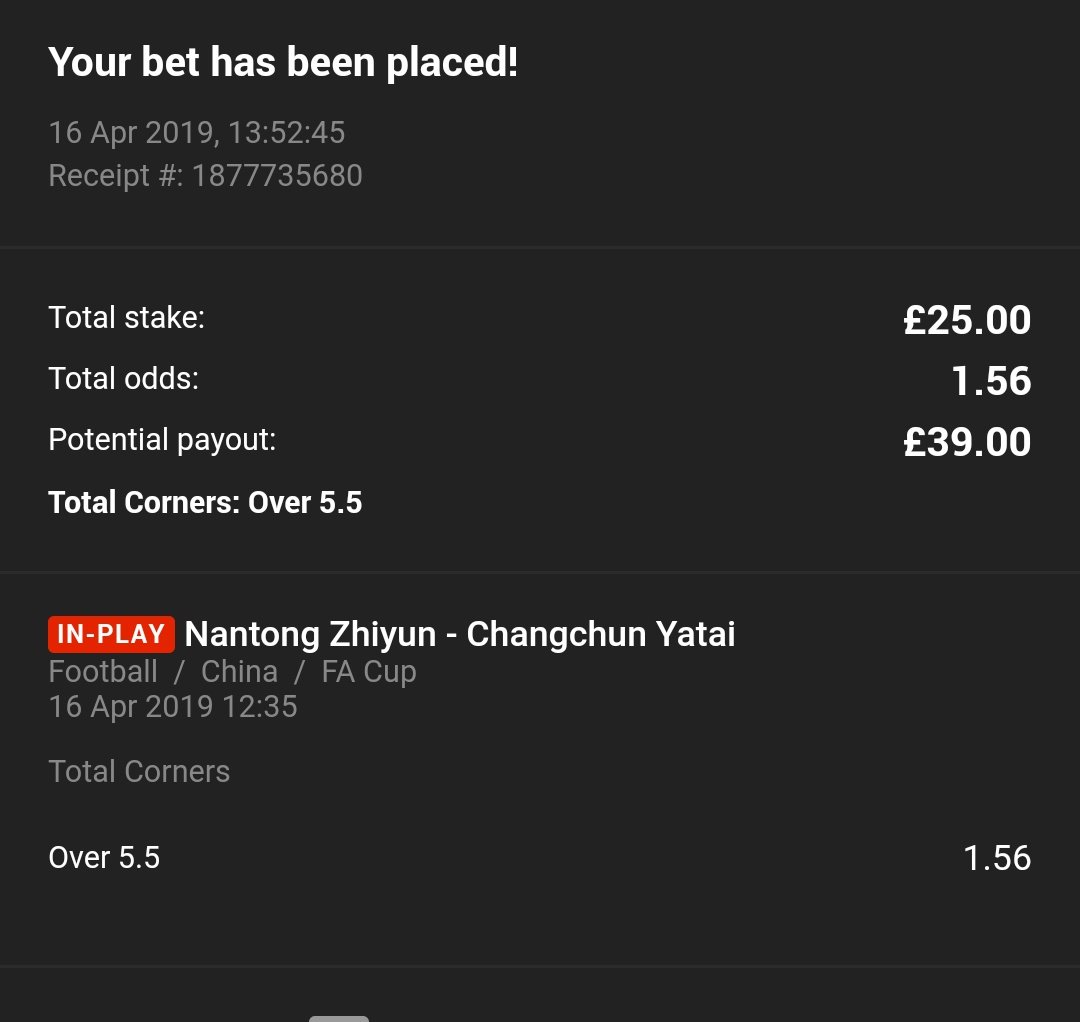 TCSTips's tweet image. 💰 RACE TO £100 - PICK NUMBER 1

⏱️#INPLAY 
⚽ Nantong v Ch Yatai
🇨🇳 CHINA: FA Cup
➡️ TIP: Over 5.5 Total Corners
📊 STAKE: £25 &amp;gt;&amp;gt;&amp;gt;&amp;gt; £39
📈 ODDS: 1.56 (Unibet)