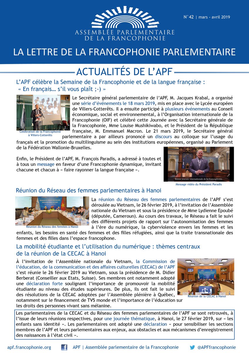 APFfrancophonie's tweet photo. #LFP n°42 vient de paraître : Semaine de la #Francophonie, #RéseaudesfemmesAPF, #CECAC, #compol et questionnaire du nouveau Secrétaire général administratif, M. Emmanuel Maury. La version interactive est à lire ici : https://t.co/NnnvYA3DsL #malanguefrançaise https://t.co/EpXy9zk3MP