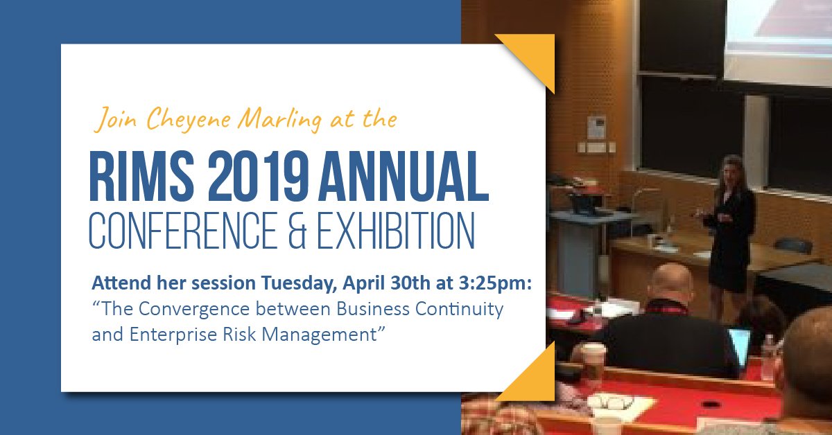 EVP, Cheyene Marling, will highlight the enterprise risk management and business continuity convergence trend at the RIMS conference this month. Attend her presentation on 4/30 at 3:25PM. 

Click for more info: ow.ly/6Dyb50q0c5D