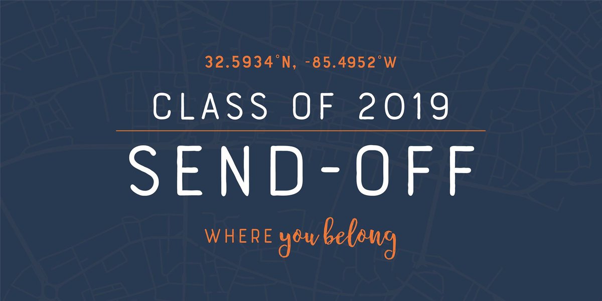 The Class of 2019 Send-off will take place on Wednesday, April 17, 2019 from 4:00 p.m. to 5:30 p.m. at the Auburn Alumni Center 317 South College Street! Register Now!      alumni.auburn.edu/send-off/
