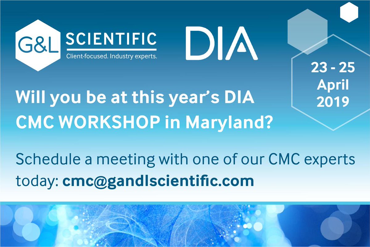 G_LPeople's tweet photo. One week to go until the CMC Workshop hosted in North Bethesda, Maryland. 

Three colleagues from G&amp;L will be exhibiting at the
event: Jessica Kokosinski, RAC, Peter Jordan and Gloria Kulcheski. 

We look forward to meeting you there. 

#cmcworkshop #dia #cmcexperts https://t.co/usImtCq0rt