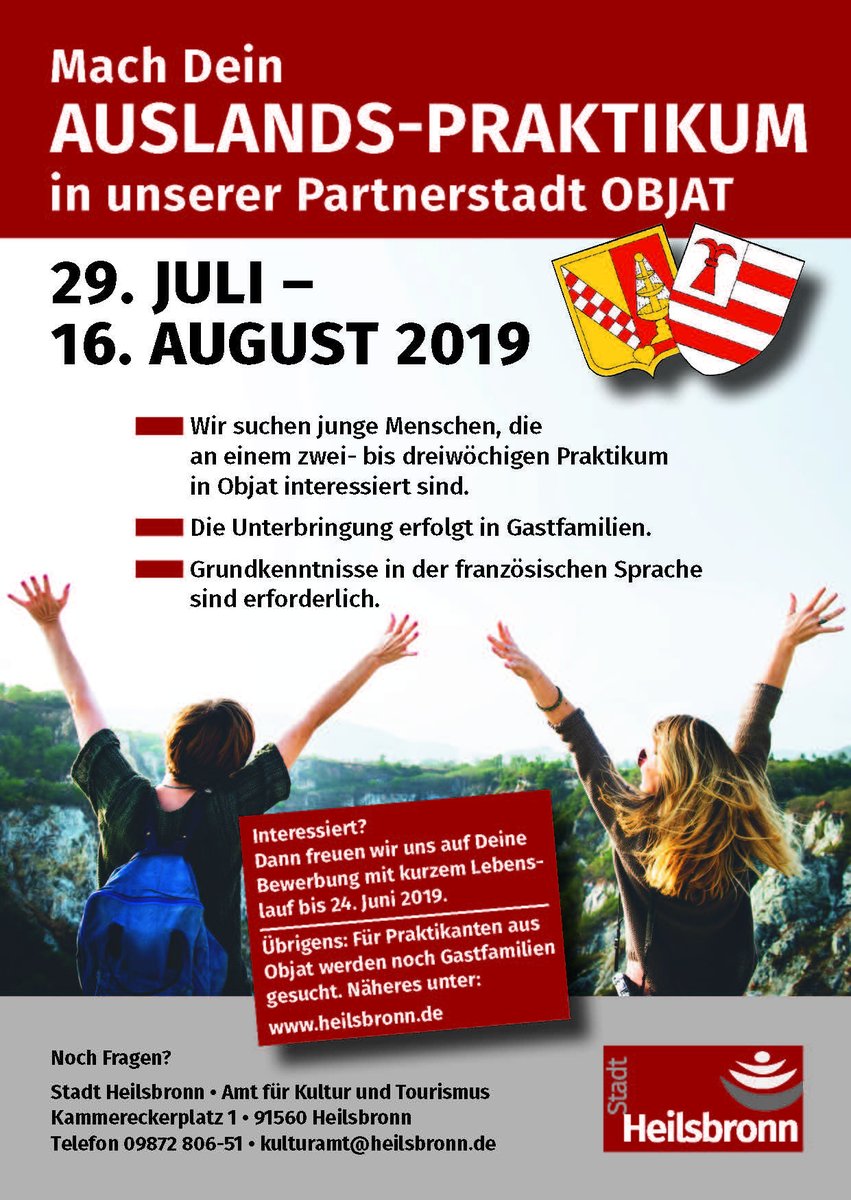 🇩🇪🇨🇵 Auslands-Praktikum 🇨🇵🇩🇪

Wir suchen junge Menschen, die an einem zwei- bis dreiwöchigen (29.07.-16.08.19) Praktikum in Objat/Frankreich interessiert sind. Bei Interesse findet ihr nähere Infos unter heilsbronn.de bzw. unter kulturamt@heilsbronn.de oder 0987280651.