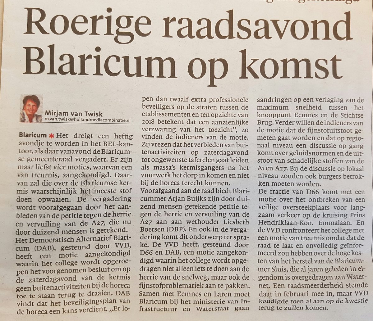 DAB is gemotiveerd en overtuigd dat de hele raad de Blaricumse kermis in al haar glorie ook dit jaar wil laten doorgaan. Dus een vergunning voor de horeca voor de buitenactiviteiten op die zo geliefde zaterdagavond. Vanavond motie DAB raadsvergadering 20.00uur BEL-kantoor Eemnes.