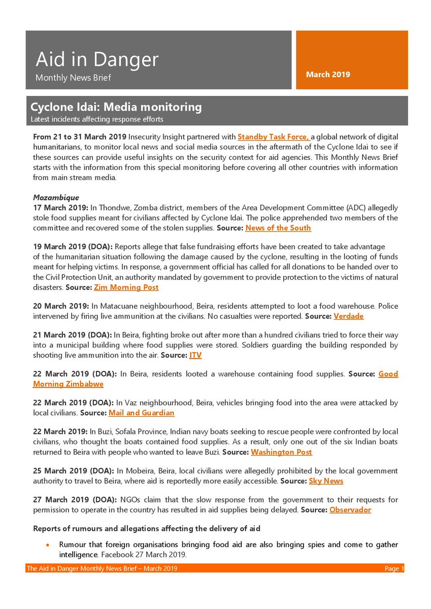 We've partnered with <a href="/SBTaskForce/">Standby Task Force</a> to monitor local news and social media sources in the aftermath of #CycloneIdai. to provide useful insights on the security context for aid agencies. Take a look at here: bit.ly/2v8xOB7