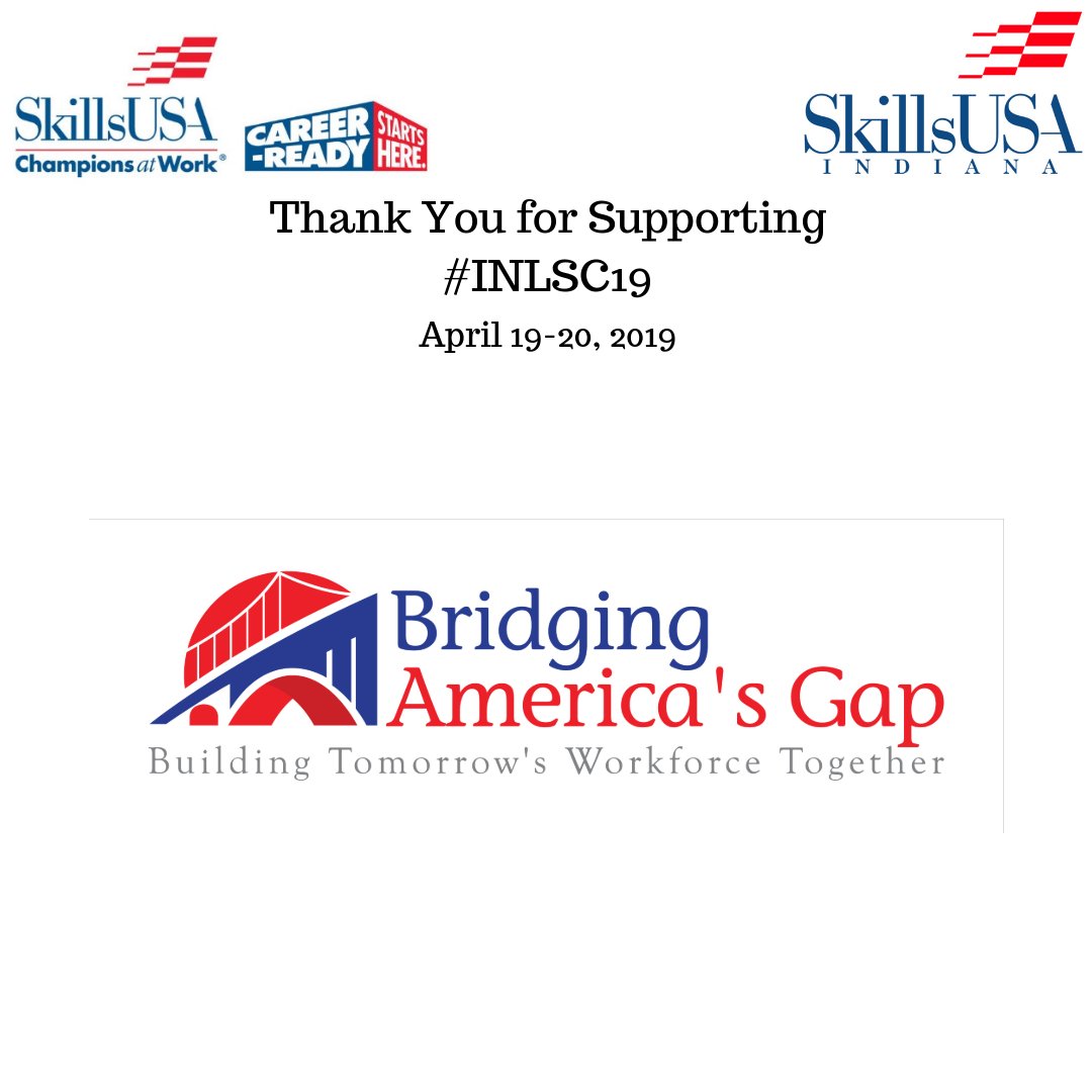 Thank you <a href="/NoSkillsGap/">Bridging America's Gap</a>  for partnering with us for this year's state conference!Bridging America's Gap 

#skillsusa #INLSC19 #Indiana #Hoosier #skillsusa #skillsusaindiana #cte #youth #students #championsatwork  #INLSC19 #votechworks    #noskillsgap #skilledtrades #workforce