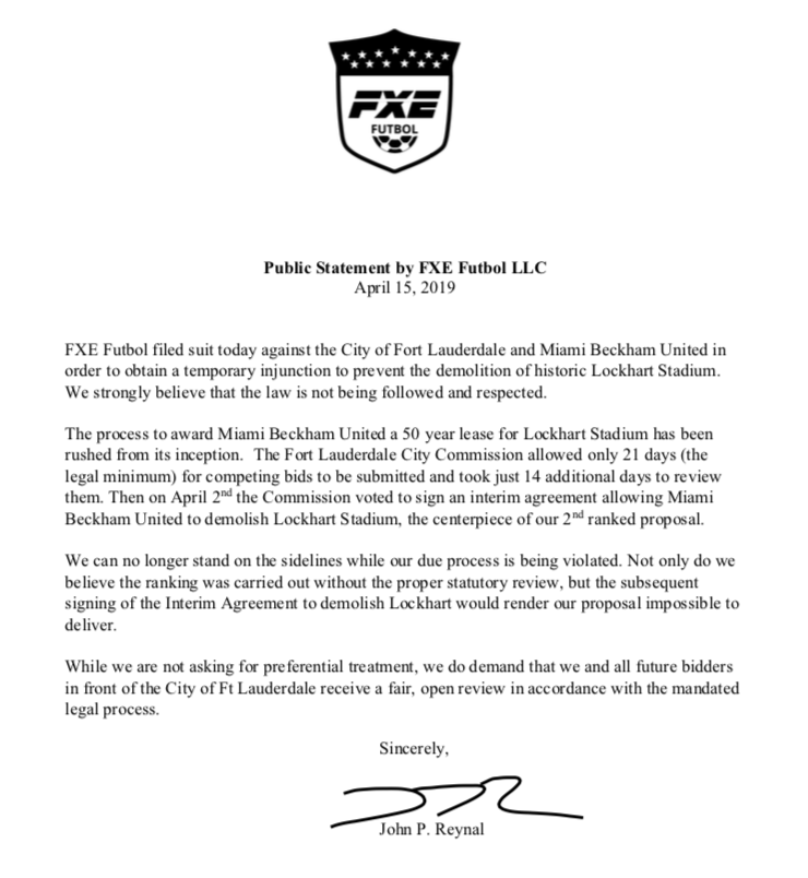 FXE Futbol has filed a lawsuit against <a href="/FTLCityNews/">City of Fort Lauderdale</a> and Miami Beckham United (a.k.a. <a href="/InterMiamiCF/">Inter Miami CF</a>) to obtain a temporary injunction to prevent the demolition of historic #LockhartStadium #SaveLockhart <a href="/grantstern/">Grant Stern </a>