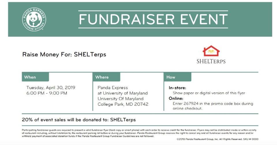TerpsShel's tweet image. 🚨 FUNDRAISER ALERT 🚨

We're hosting a fundraiser at the Panda Express in the STAMP Student Union on Tuesday, April 30th from 6-9pm! Be sure to show this flyer at the register with your purchase!!