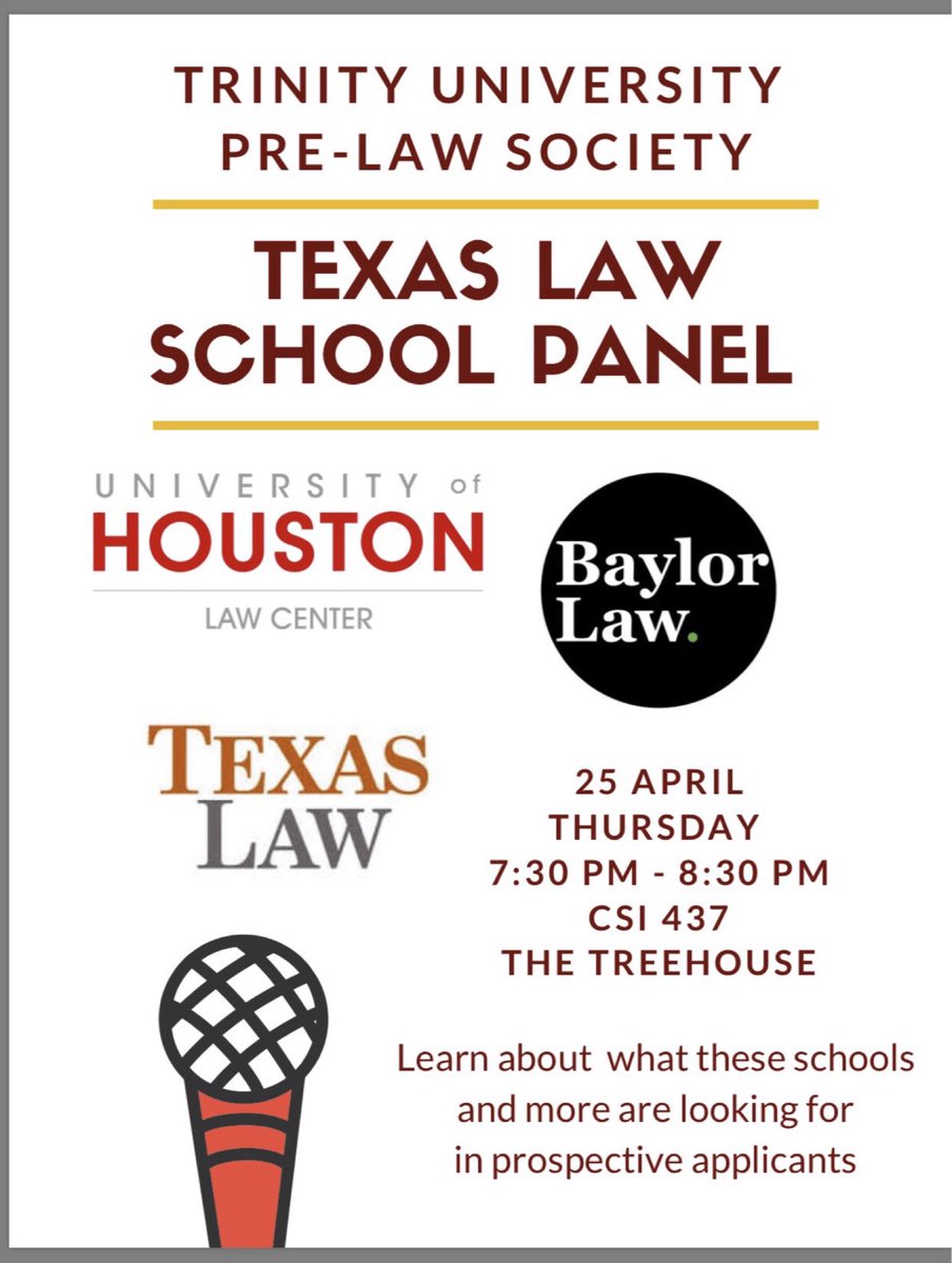 trinityprelaw's tweet photo. Come on down Pre-Law Students and join us for a law school admission panel! April 25 at 7:30 PM in the Treehouse (CSI 437) https://t.co/1hIHdIB1yT