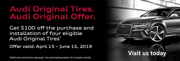 AudiReading's tweet photo. Customers Get $100 Off Of Four AO Tires Instantly! From April 15 June 15, 2019, customers who purchase a set of four eligible AO tires will receive $100 off instantly. This Audi-exclusive offer includes qualifying marked Continental, Dunlop, Goodyear, Michelin, and Pirelli tires. https://t.co/fQDWugLs2u