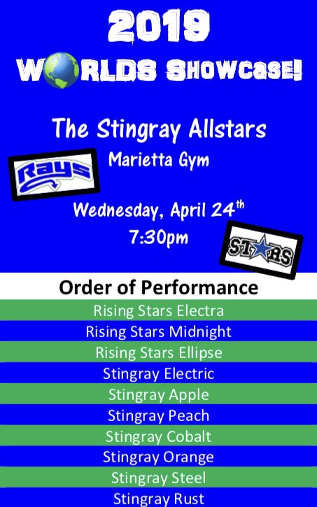 We’re getting SO excited for our friends from @_RisingStars to be here with us! 

Come cheer us all on as we showcase our Worlds routines! 💙💚🌎