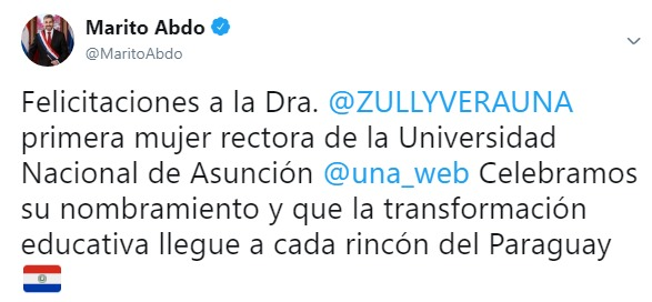 Muchas gracias Sr. Presidente <a href="/MaritoAbdo/">Marito Abdo</a> . El compromiso desde la UNA seguirá firme en pro de la transformación de la Educación Superior del Paraguay, contribuyendo así al desarrollo económico y social. 🇵🇾 <a href="/una_web/">UNA (Cuenta Archivada)</a>