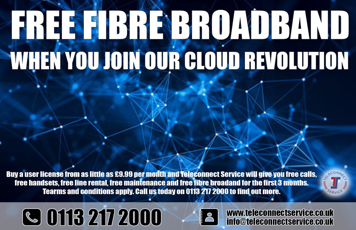 Join our cloud revolution and get FREE fibre broadband!

Tel: 0113 217 2000

#Teleconnect #Telecoms #Technology #TelephoneSystems #Telephony #VoIP #Cloud #Computing #UnifiedCommunications #IT #Fibre #Broadband #Internet #Business #B2B #Deals #Offers #Save #Free #Discount #Leeds