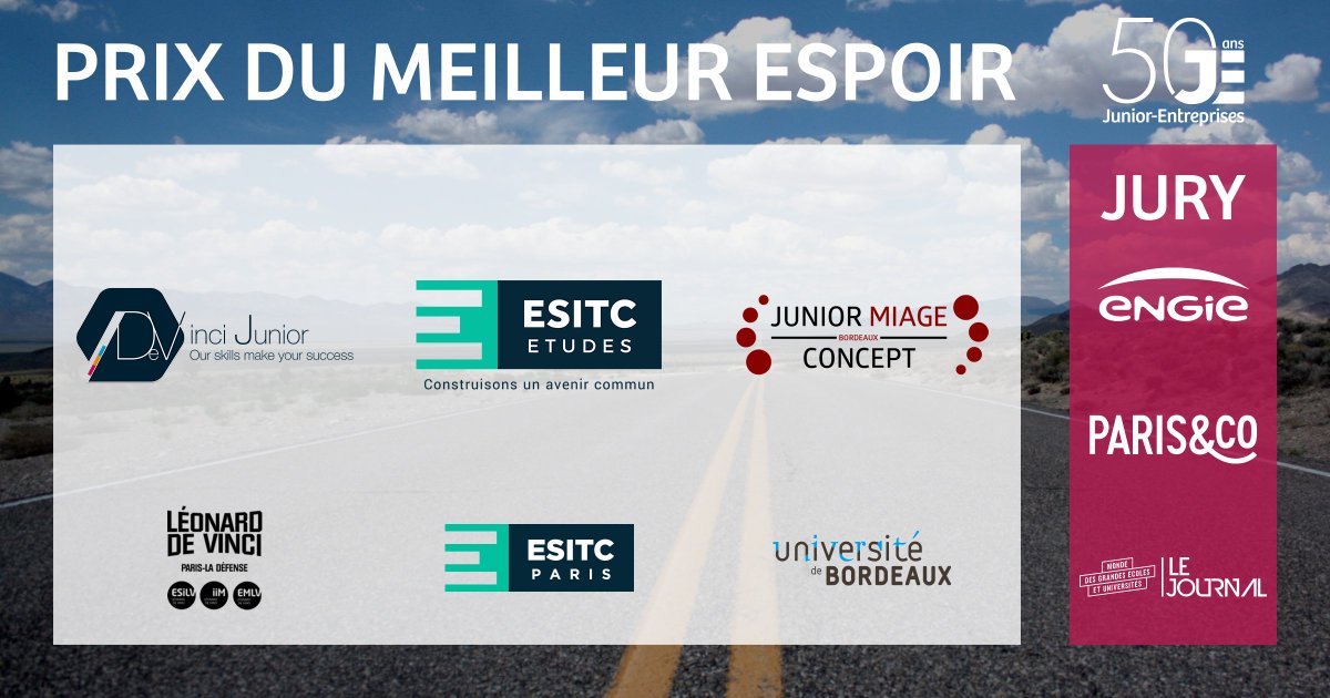 cnje's tweet photo. FINALISTES - PRIX MEILLEUR ESPOIR 🏆
Les #JuniorEntreprises qui se sont démarquées sont @DevinciJ, @ESITC_Etudes et @JMC_Bordeaux !
Merci au jury composé d'@EngieCareers, @Paris_and_Co et @mondedesgeu.
Rendez-vous au #CNE19 pour découvrir le vainqueur du prix. https://t.co/q9VgFcz7Zu