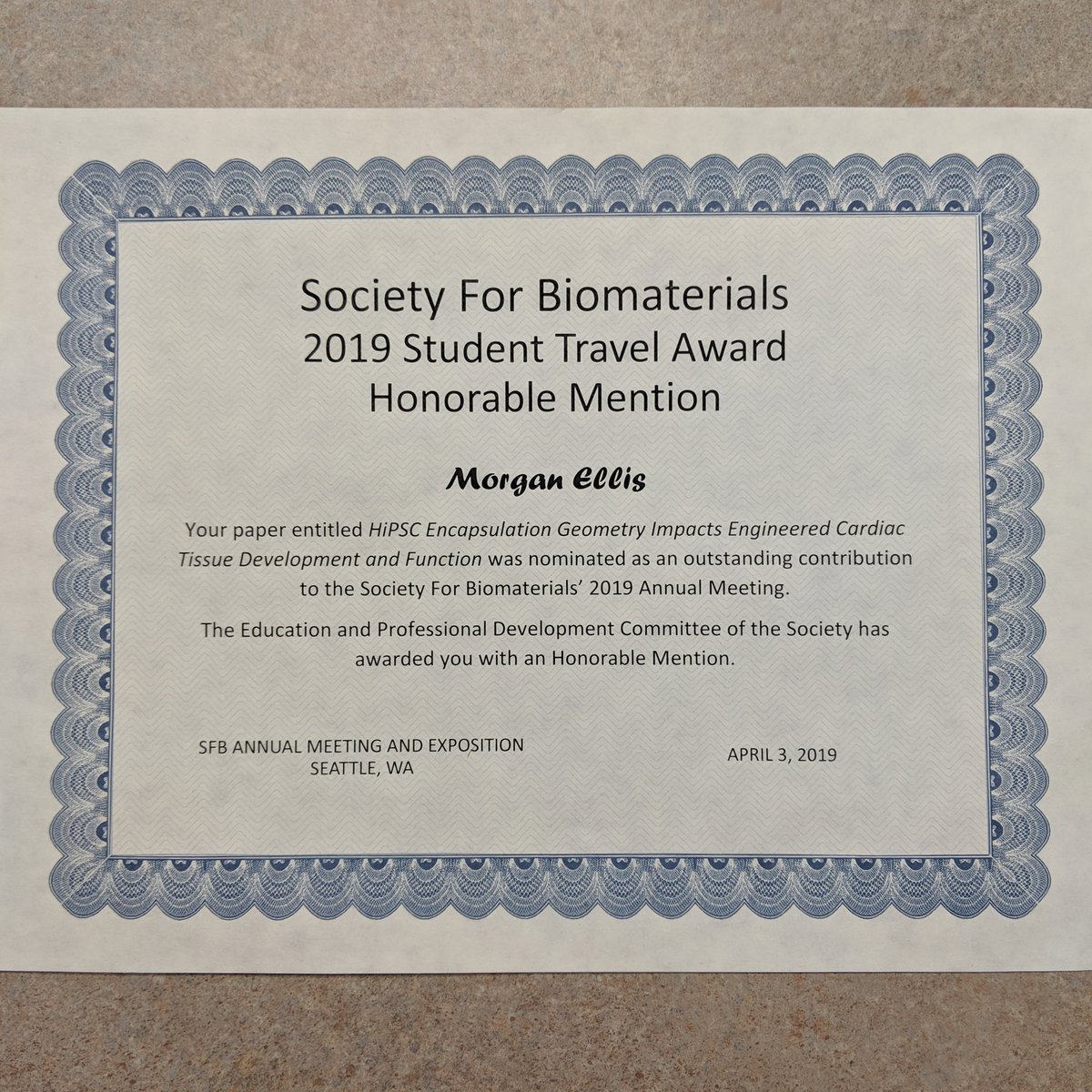 LipkeLab's tweet image. Congratulations to Morgan Ellis for receiving an Honorable Mention for the #SocietyforBiomaterials STAR Award, which recognizes student research excellence and outstanding contribution to the meeting! #SFB2019 #auburnengineering