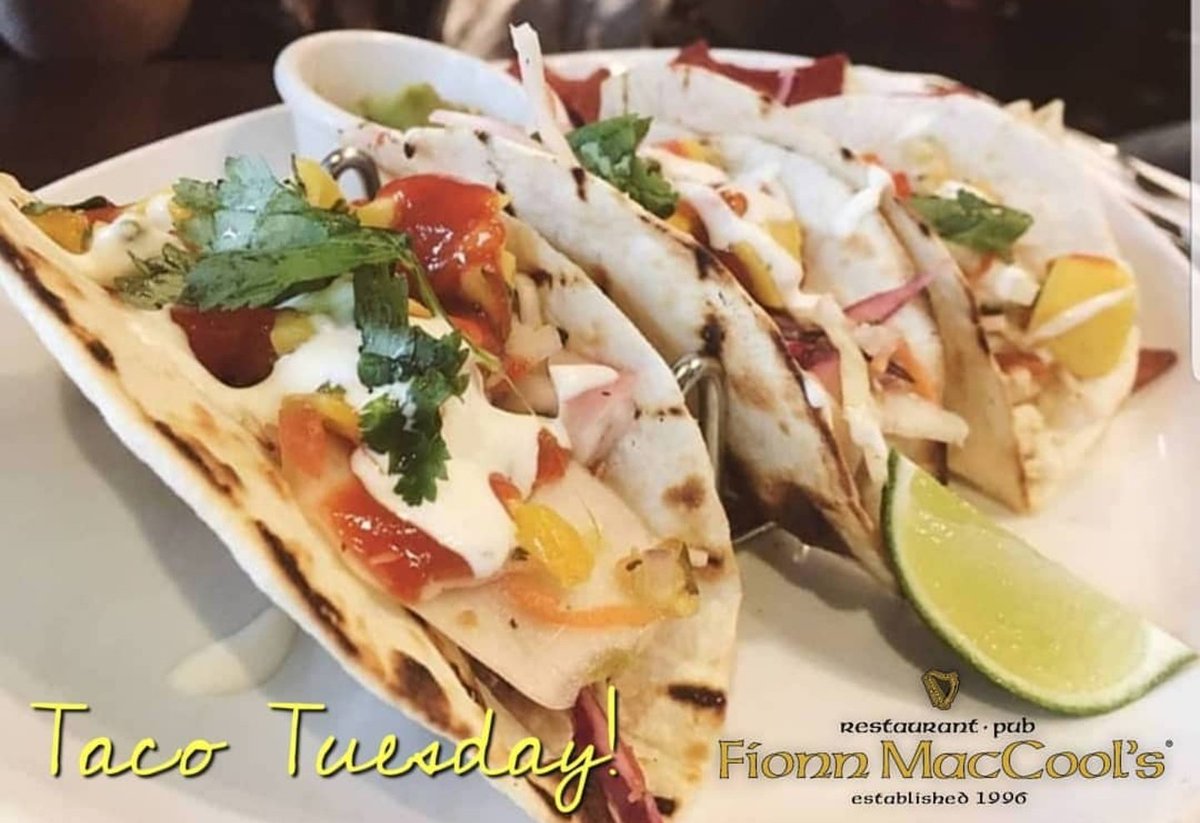 FionnsBovaird's tweet photo. It's Taco Tuesday! Chicken or Fish for $3.99 each. Pair with a 14oz sleeve of Anchor Steam for $4.99 #Brampton #FionnMacools #irishpub https://t.co/x1O28eUX3s