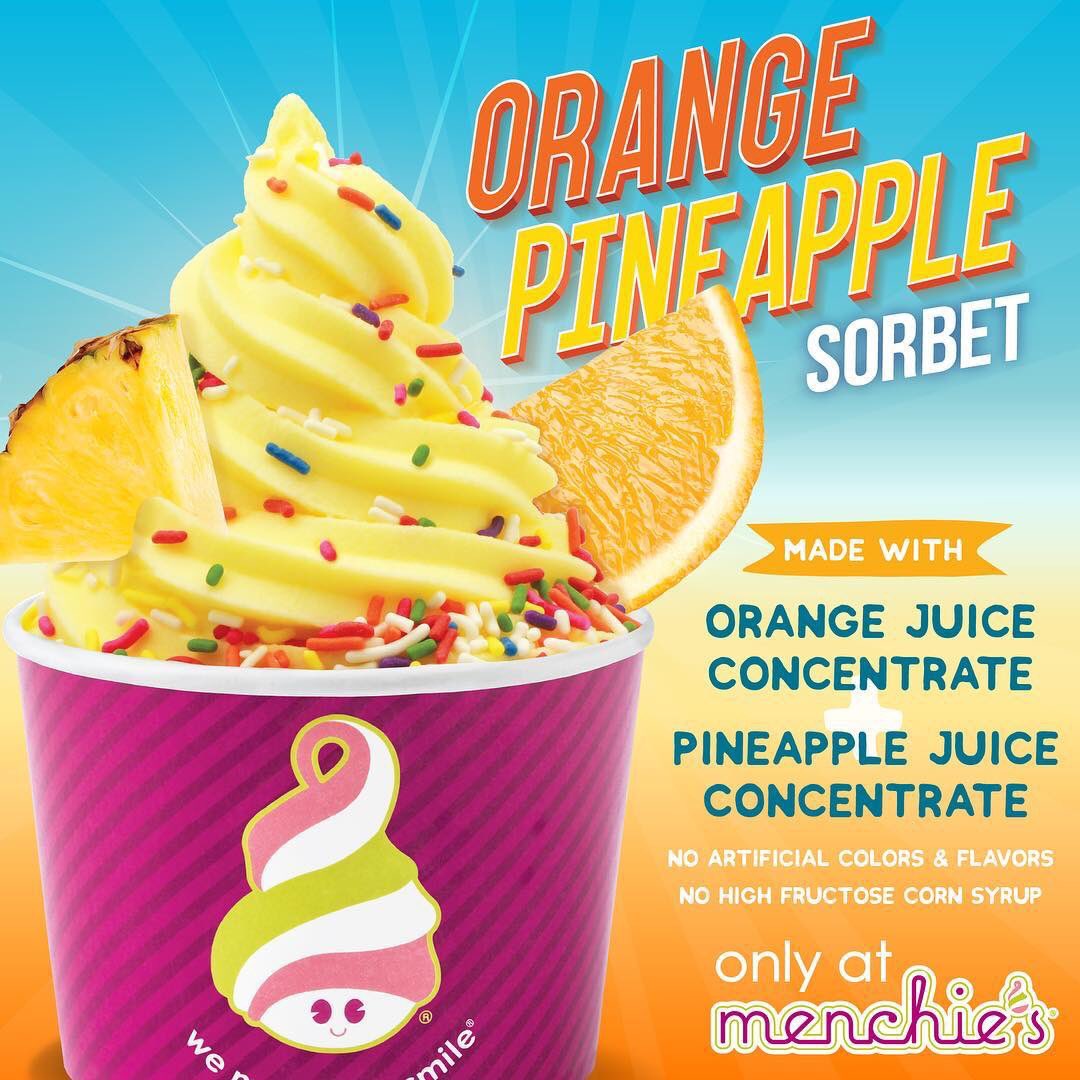 WindwardMenchie's tweet photo. Introducing our new Orange Pineapple Sorbet. This vegan froyo is extremely ap’pealing! #Orange #Pineapple #Menchies #MenchieWindward #alpharetta #dairyfree #sorbet https://t.co/oR8Jrbaxjr