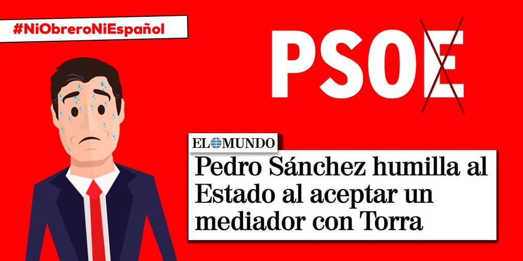 PPSenado's tweet photo. ❌🥀❌Sánchez traiciona a los españoles negociando con Torra y cediendo ante los separatistas. 🇪🇸 La unidad de #España ni se negocia ni se vende.
Sánchez #NiObreroNiEspañol https://t.co/vqmMGMjTEJ