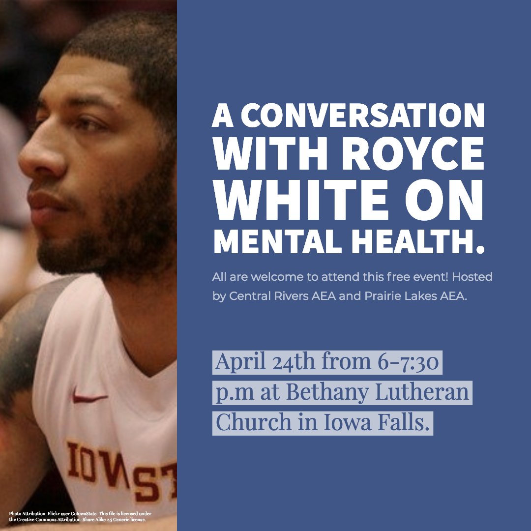 CentralRivers's tweet photo. Royce White will be speaking at a free event on April 24th from 6-7:30pm at Bethany Lutheran Church in Iowa Falls.  Royce will discuss decreasing the stigma around mental health issues and ideas to support community mental health needs. #mentalhealth #craea #plaea @highway_30 https://t.co/LftrdBBLYv