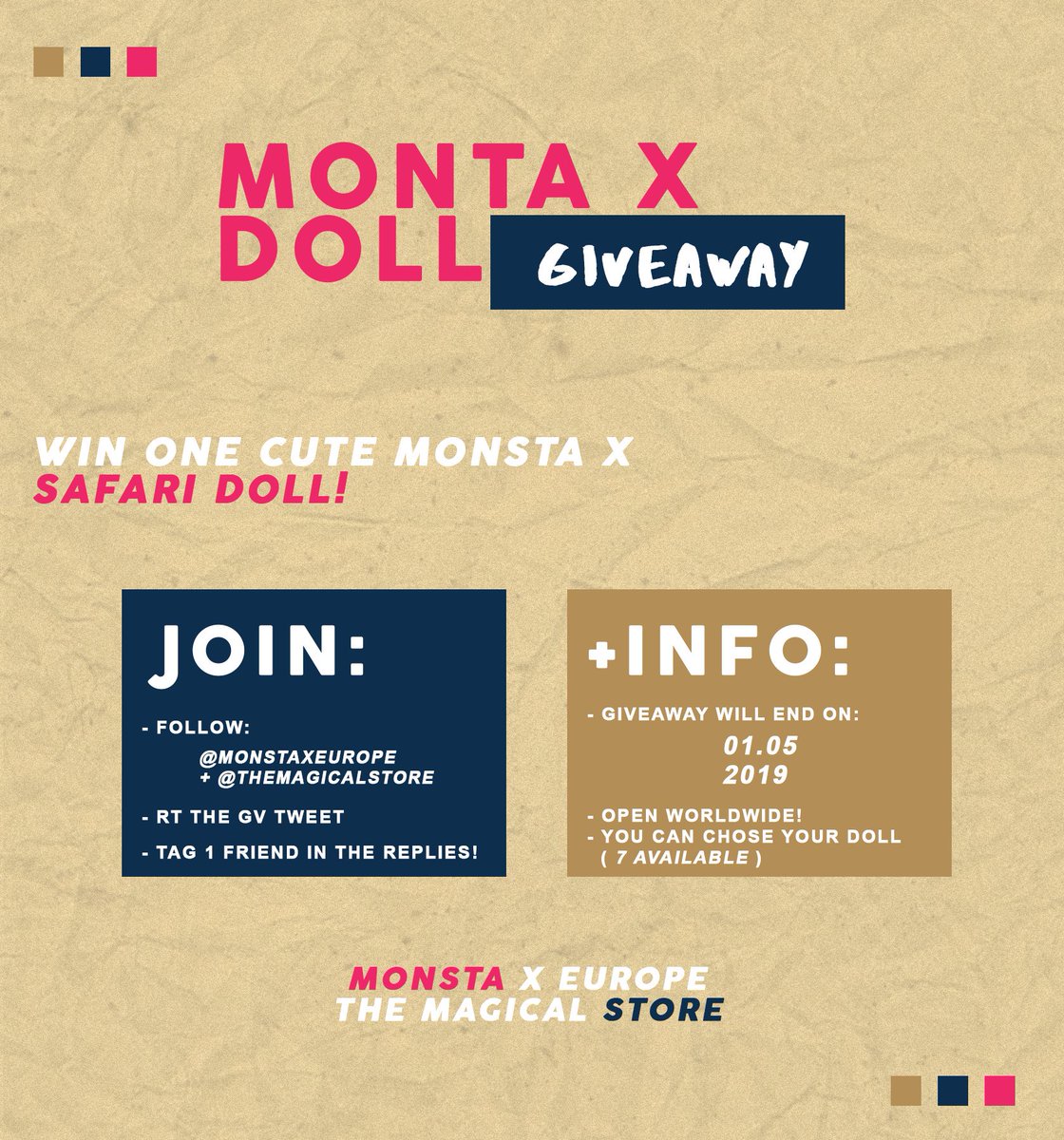 MonstaXEurope's tweet image. 🔹 Monsta X Safari hand made doll Giveaway 🔹

Cute little dolls of Monsta x members giveaway with @TheMagicalStore. All hand made 💖 please follow the instructions of the picture.

Give it a chance and receive an adorable friend! 🔹

#MONSTA_X #몬스타엑스
#Monstagiveaway
