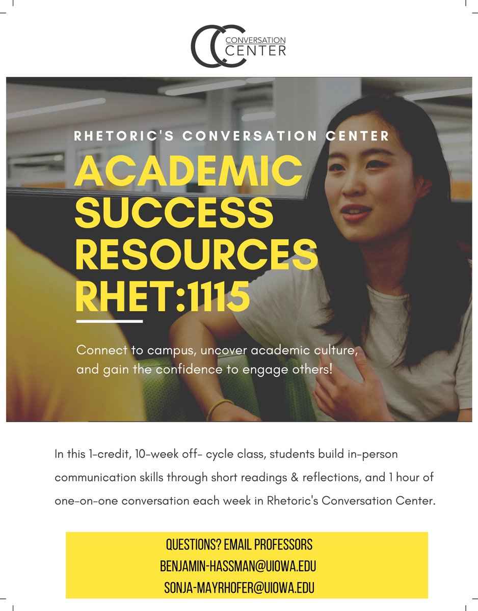 UIConversation's tweet photo. Excited: a new 1-credit Fa19 course, RHET:1115 Academic Success Resources! https://t.co/6QPweIlfRA
Online &amp; off-cycle, our students will build practical communication skills (for in-class &amp; out in the world!). Enroll today! @UI_ESL_Programs @uiowaIP @IowaRhetoric @UIRhetCenters https://t.co/0KFp9mz9I6
