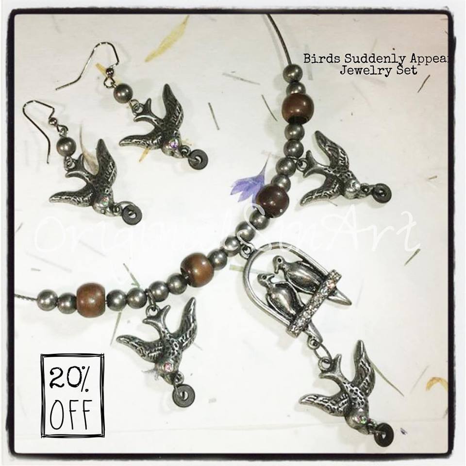 This BIRDS SUDDENLY APPEAR JEWELRY SET is now 20% off in my #EtsyShop, #OriginalSinArt. 
*
*
#originalsinarts #jewelrytuesday #handmadejewelry #jewelryset #necklaceandearringset #etsyseller #shopsmall #etsysale #whydobirdssuddenlyappear