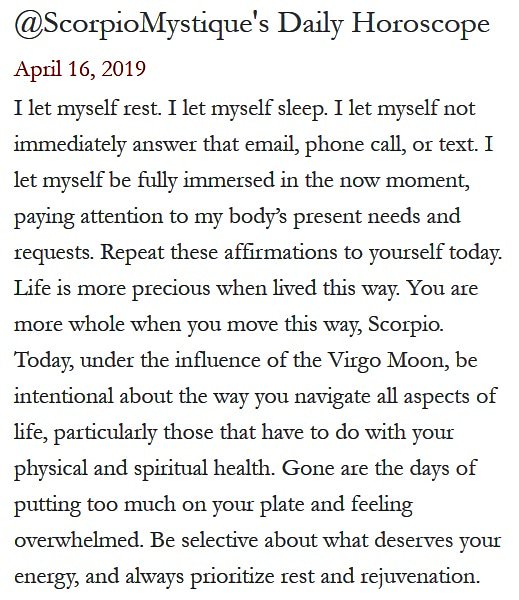 ScorpioMystique's tweet photo. #SMscope 4.16.19 ♏️❤️✨ #TeamScorpio 🦂 #ScorpioMystique #Horoscope #Astrology 🔮 https://t.co/SVOY0BmYL8