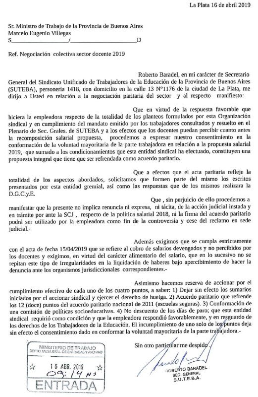 Respuesta del SUTEBA al Ministerio de Trabajo de la Provincia